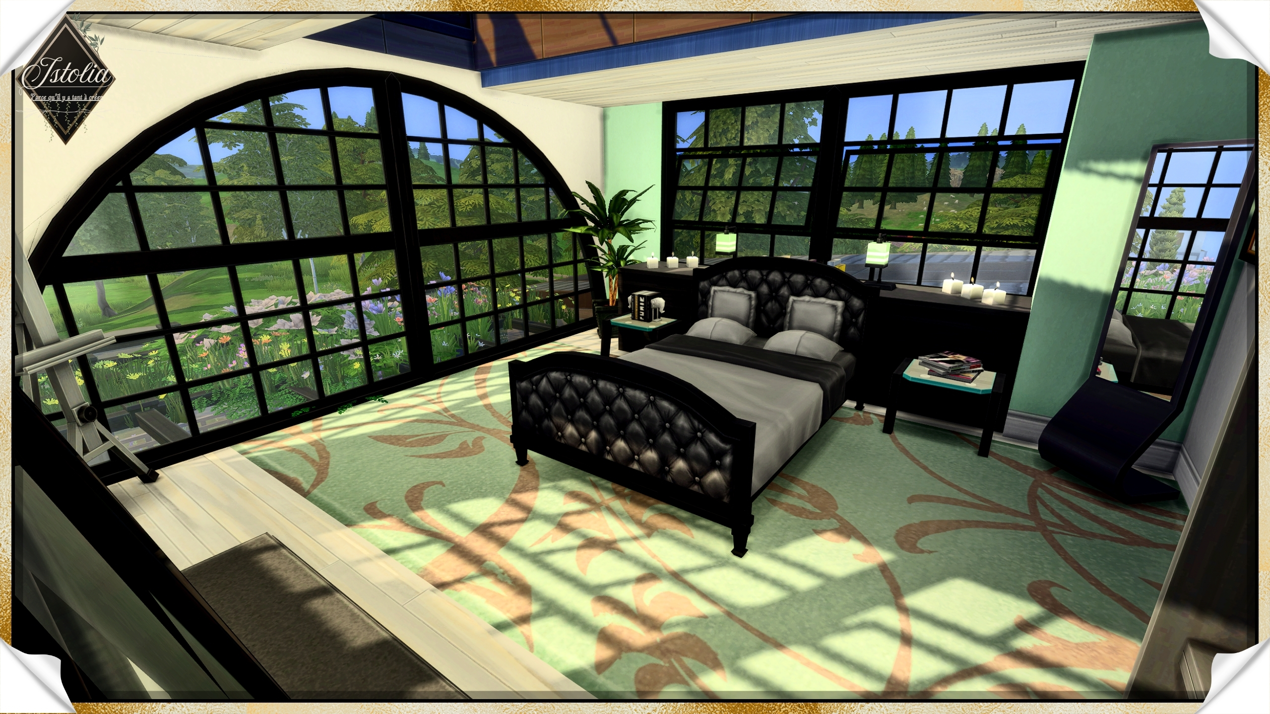 chambre parentale vert pastel noir maison Linéa Sims 4