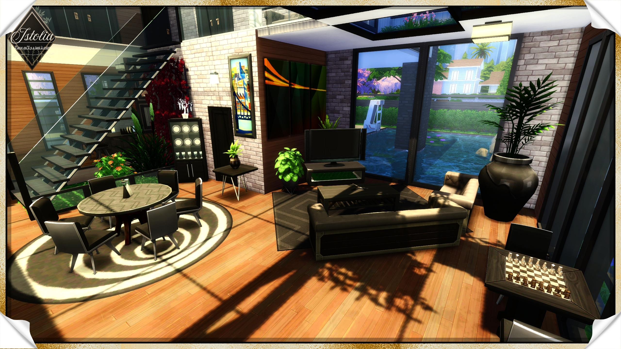 Les Sims 4 | La Verrière Salon loft moderne décoré avec murs en briques blanches