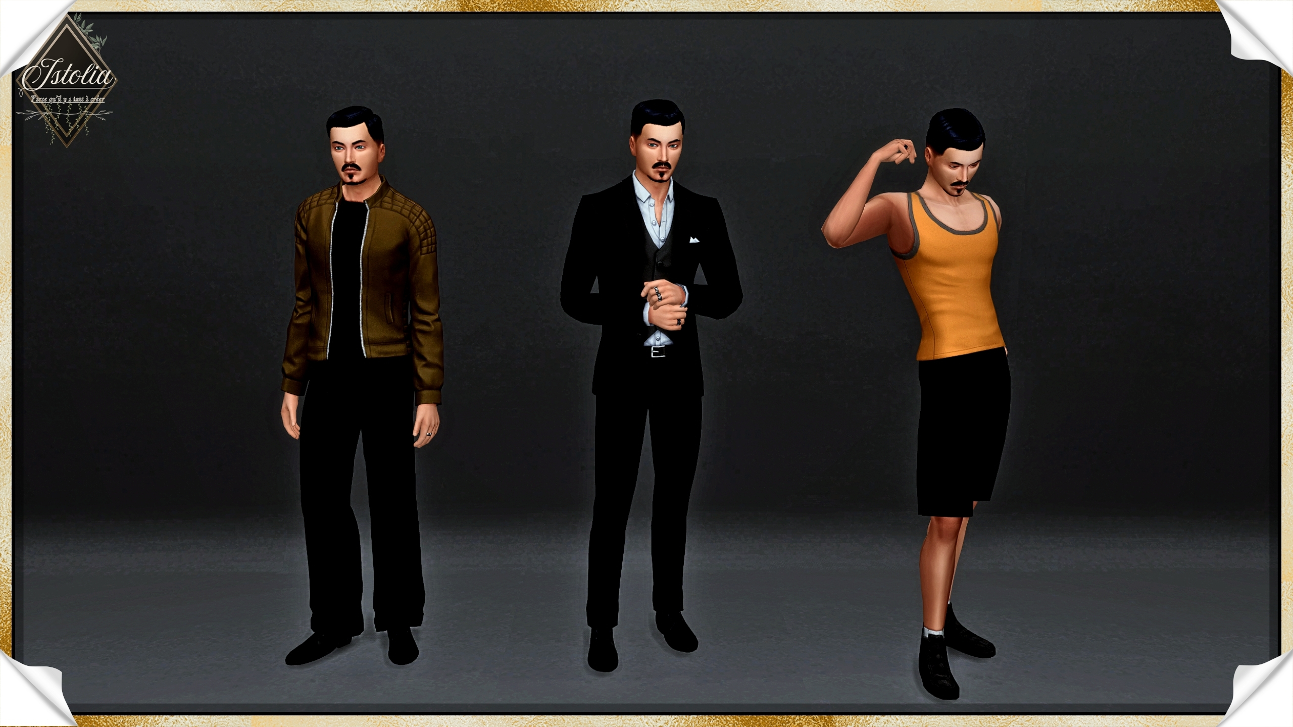 Les Sims 4 | Tom Leclerc Sim Les Sims 4 montrant tenues quotidien, habillé et sport sur fond neutre.