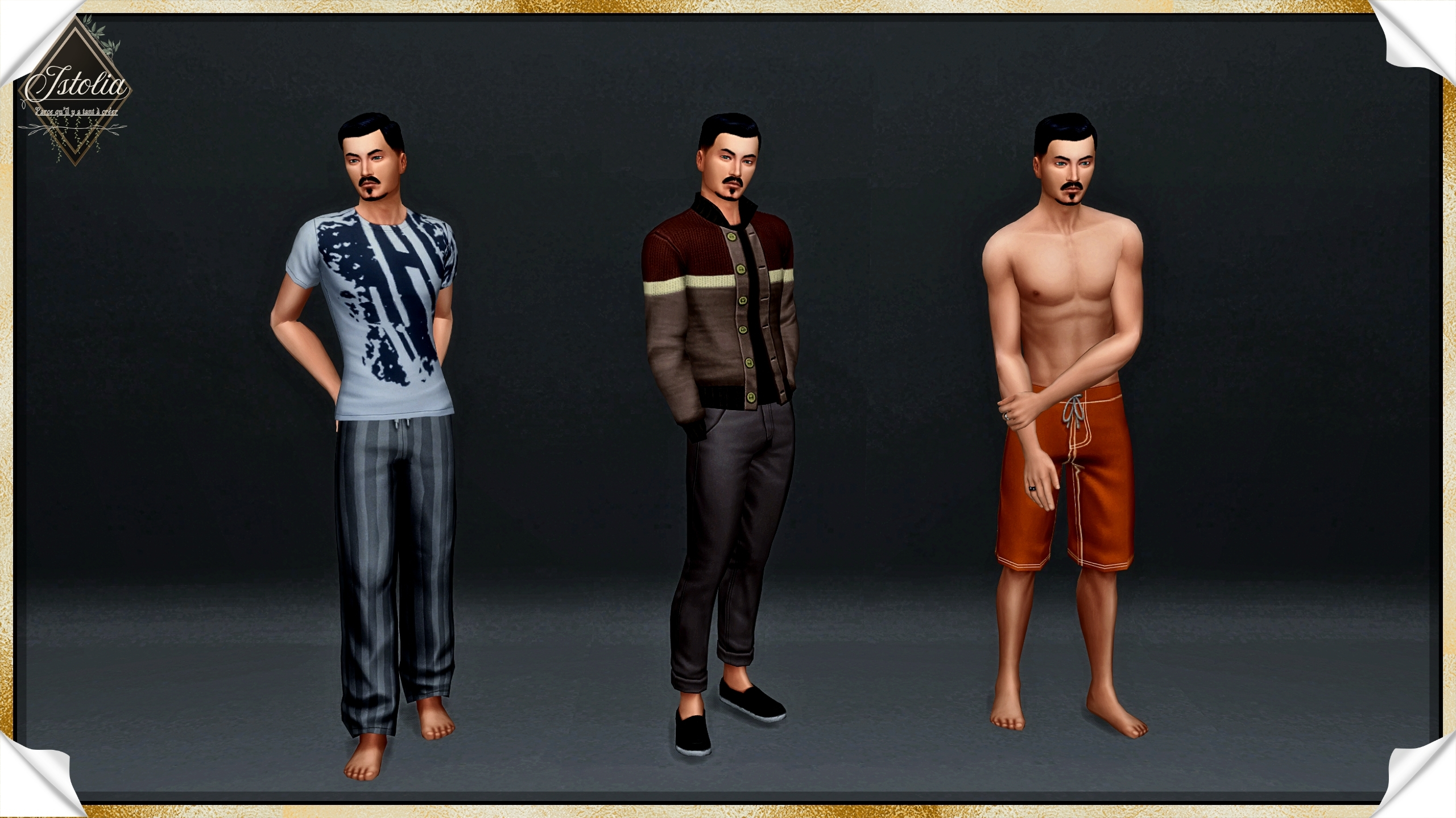 Les Sims 4 | Tom Leclerc Sim masculin Les Sims 4 portant ses tenues nuit, fête et piscine.