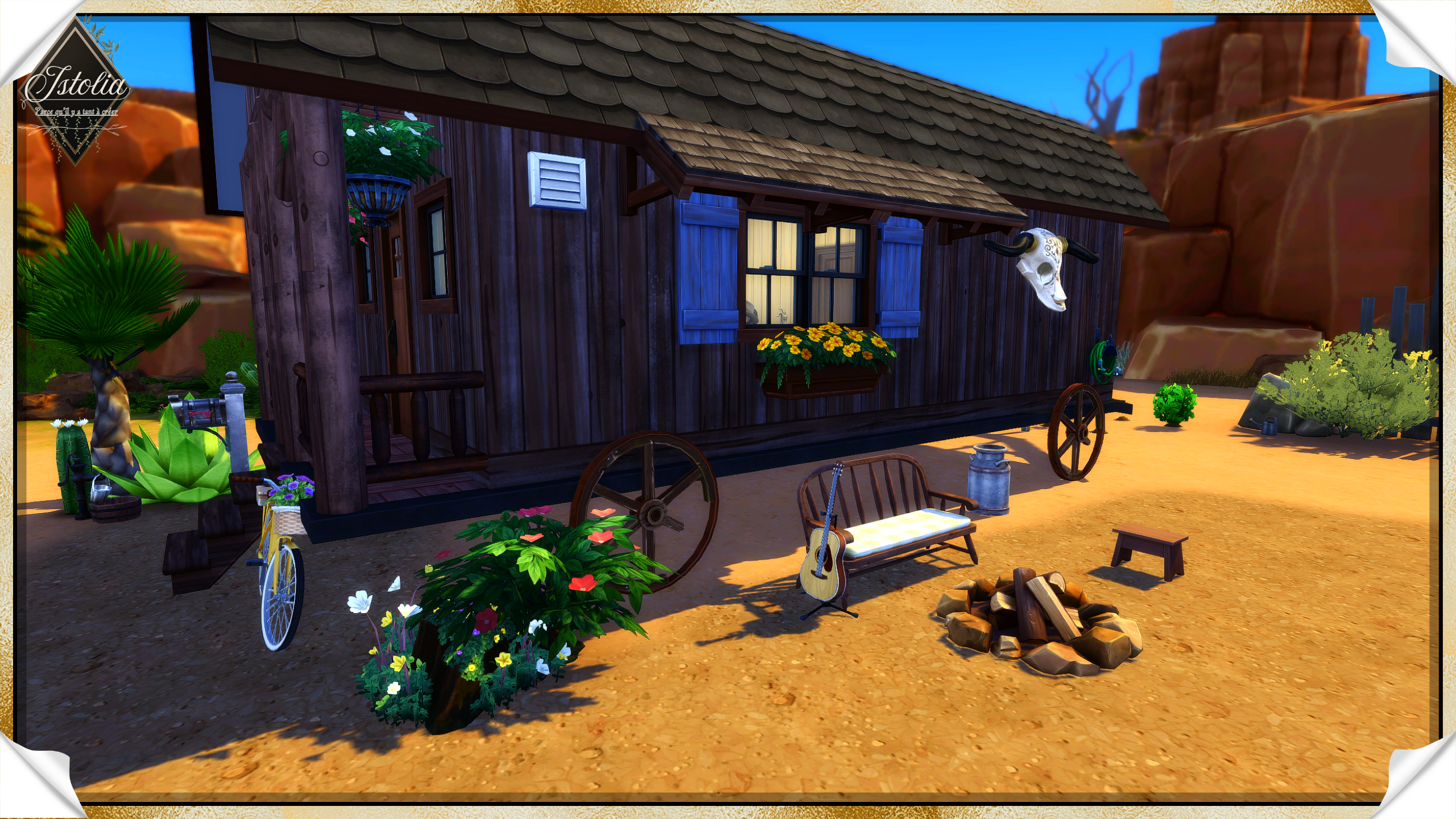 Sims 4 | La Chariotte Espace détente extérieur avec feu de camp et guitare – Sims 4