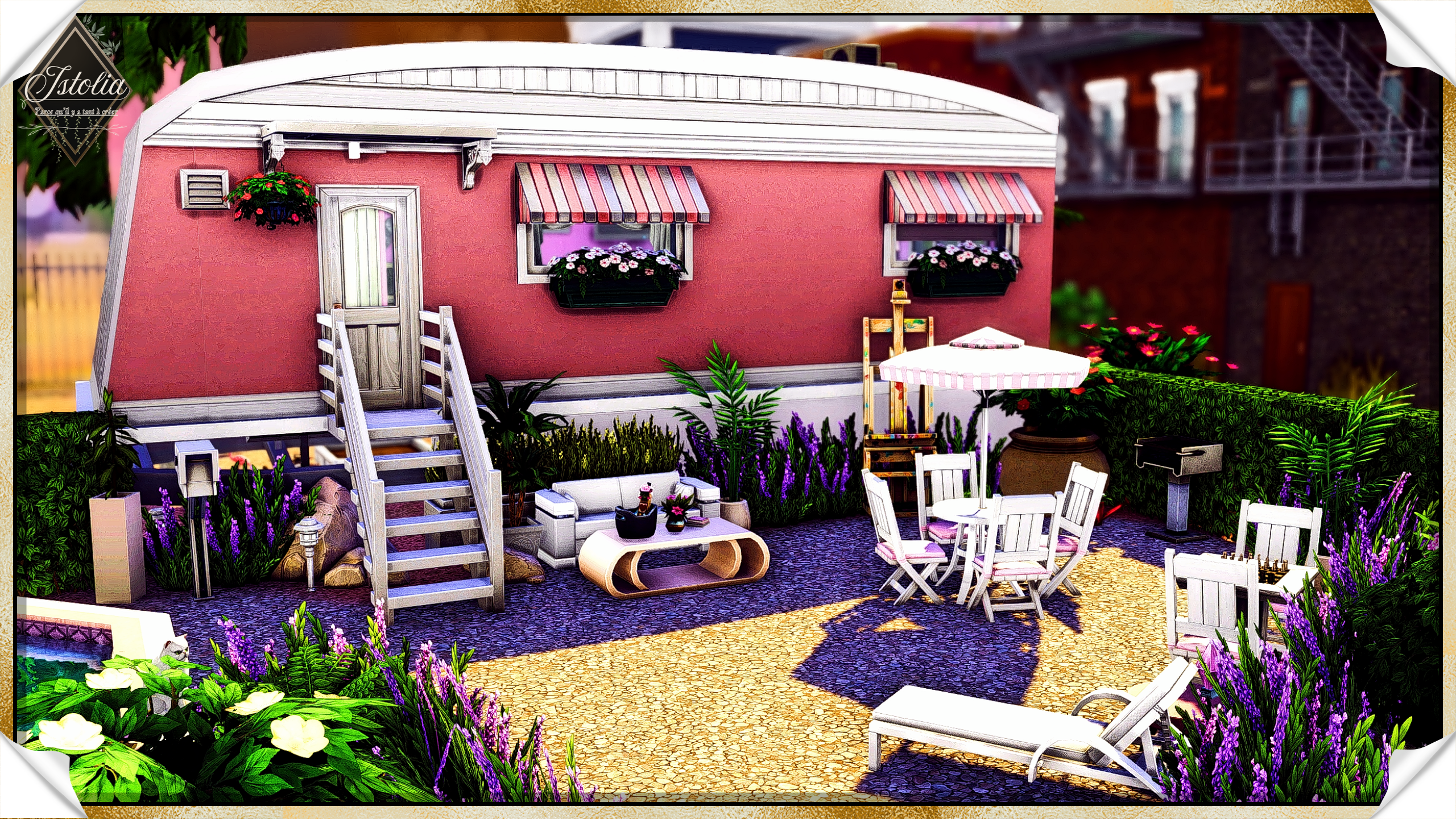 Sims 4 | La caravane de Barbie tiny house rose devanture et jardin