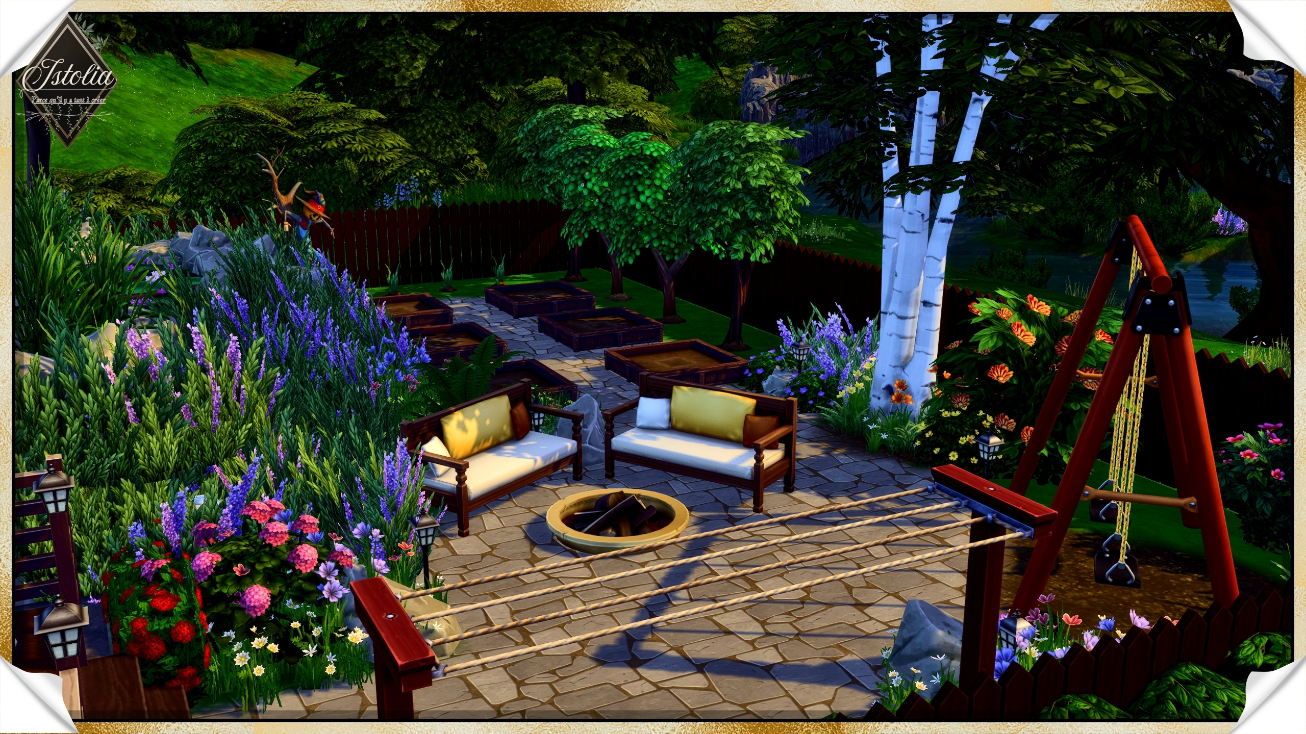 jardin coin feu maison Linéa Sims 4