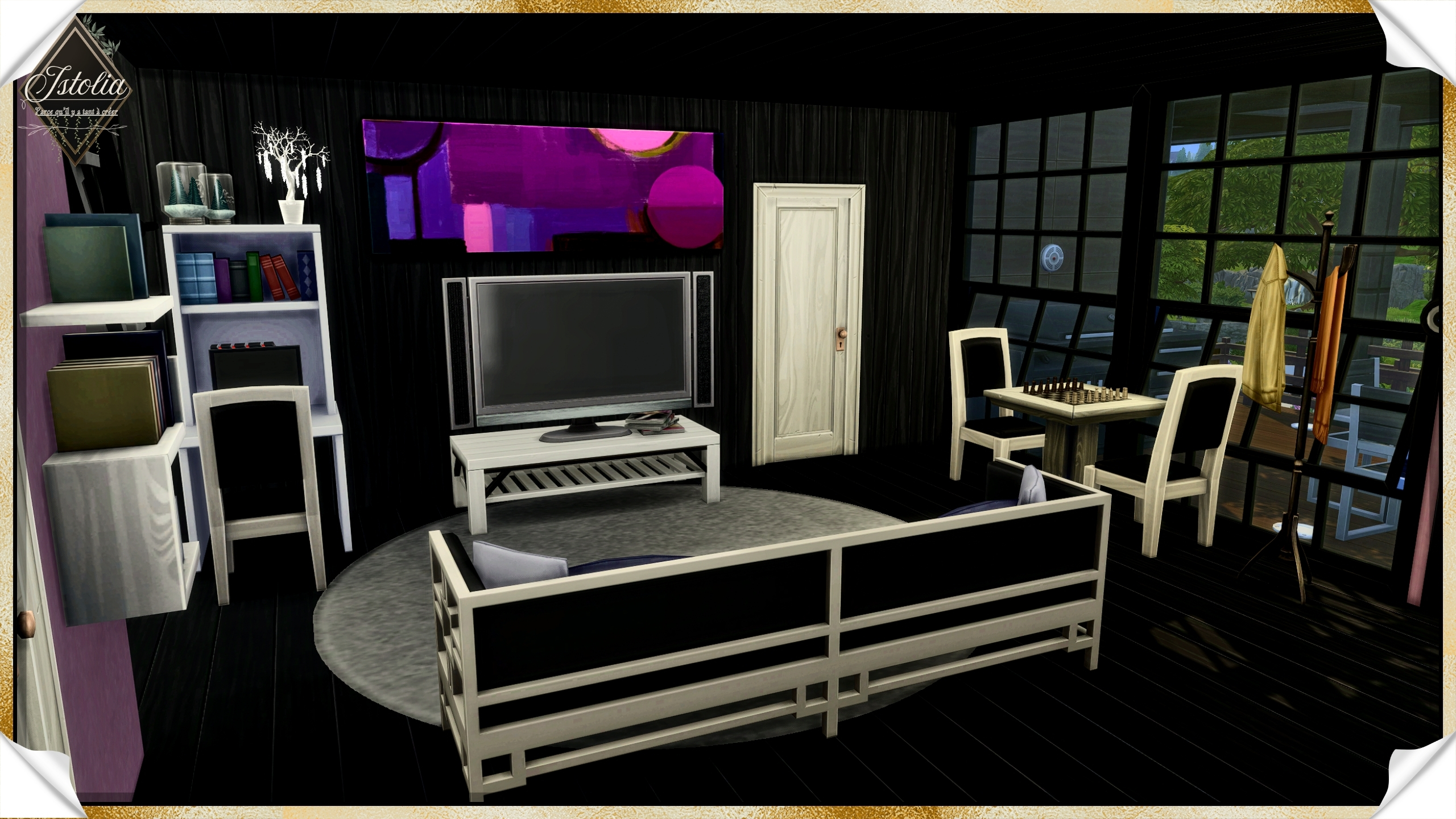 salon maison Linéa loft intérieur violet Sims 4