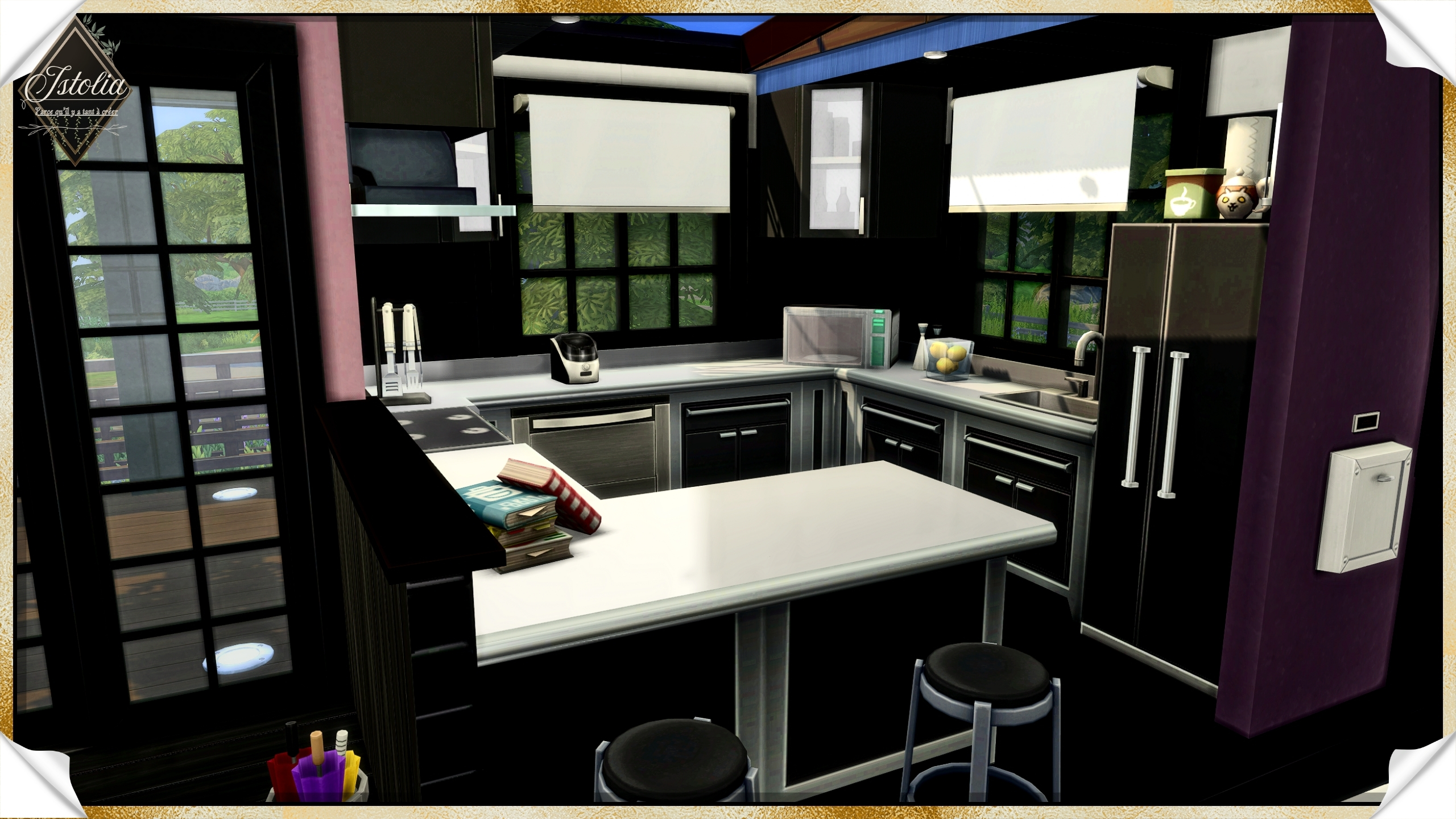 cuisine loft noir violet maison Linéa Sims 4
