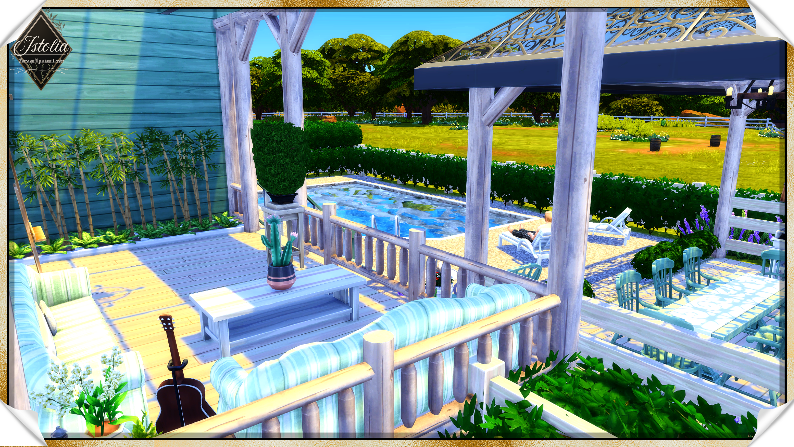 Terrasse extérieure couverte du ranch Sims 4