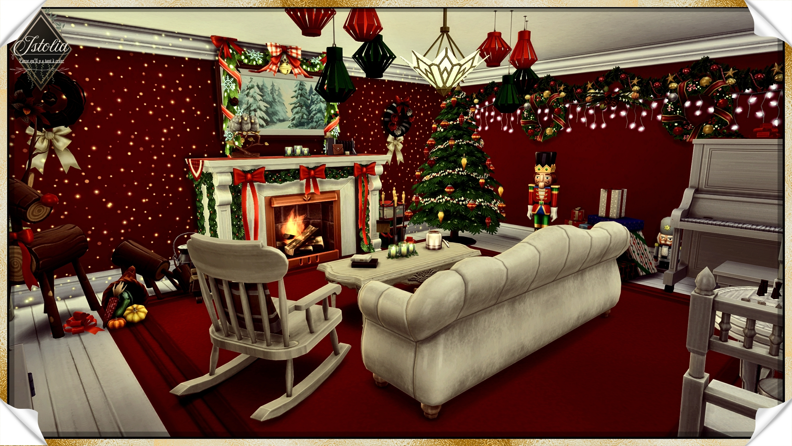salon de noël sims 4 cheminée sapin rouge