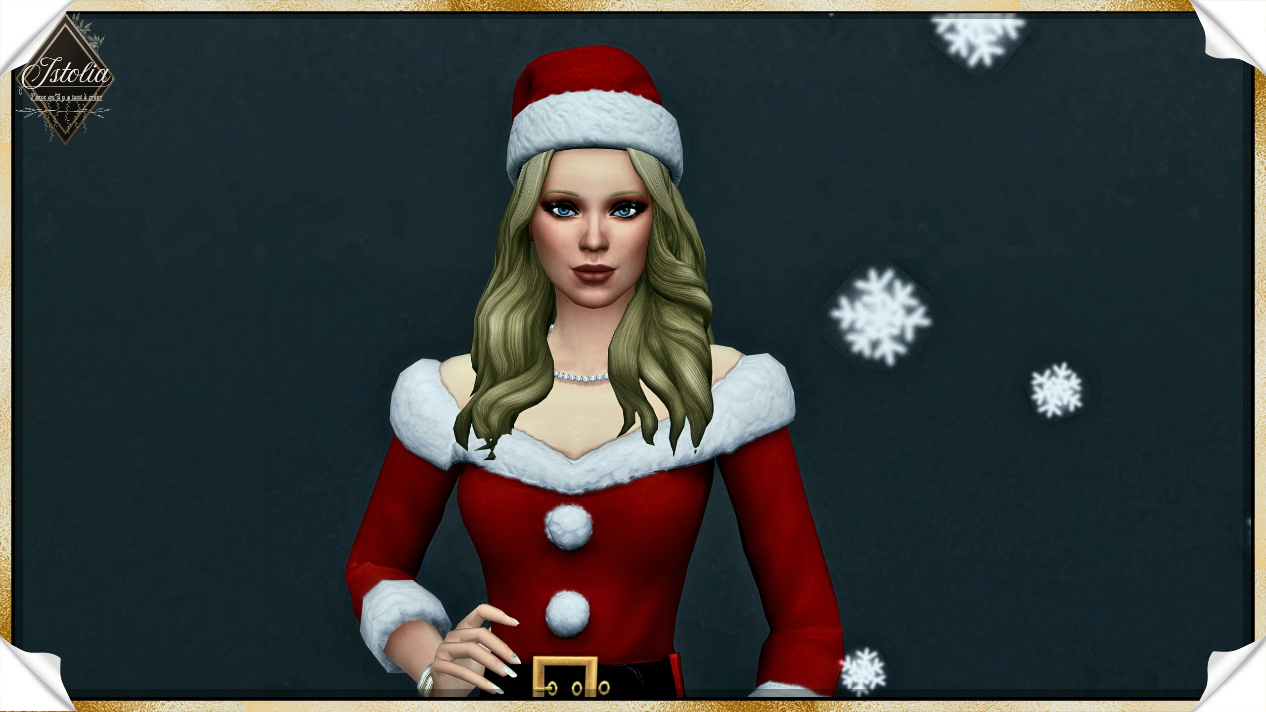 Les Sims 4 | Alice Larroque Sim féminine Les Sims 4 portant une tenue spéciale Noël, portrait de face.