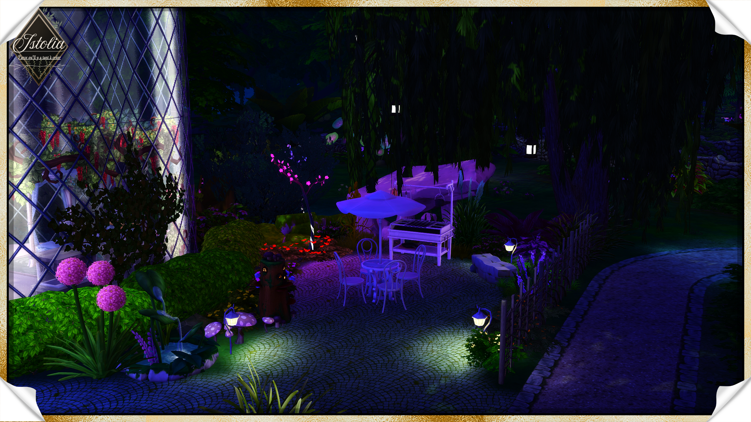 Les Sims 4 | L'Élixir d'Alsimy terrasse extérieure nuit magique Sims 4