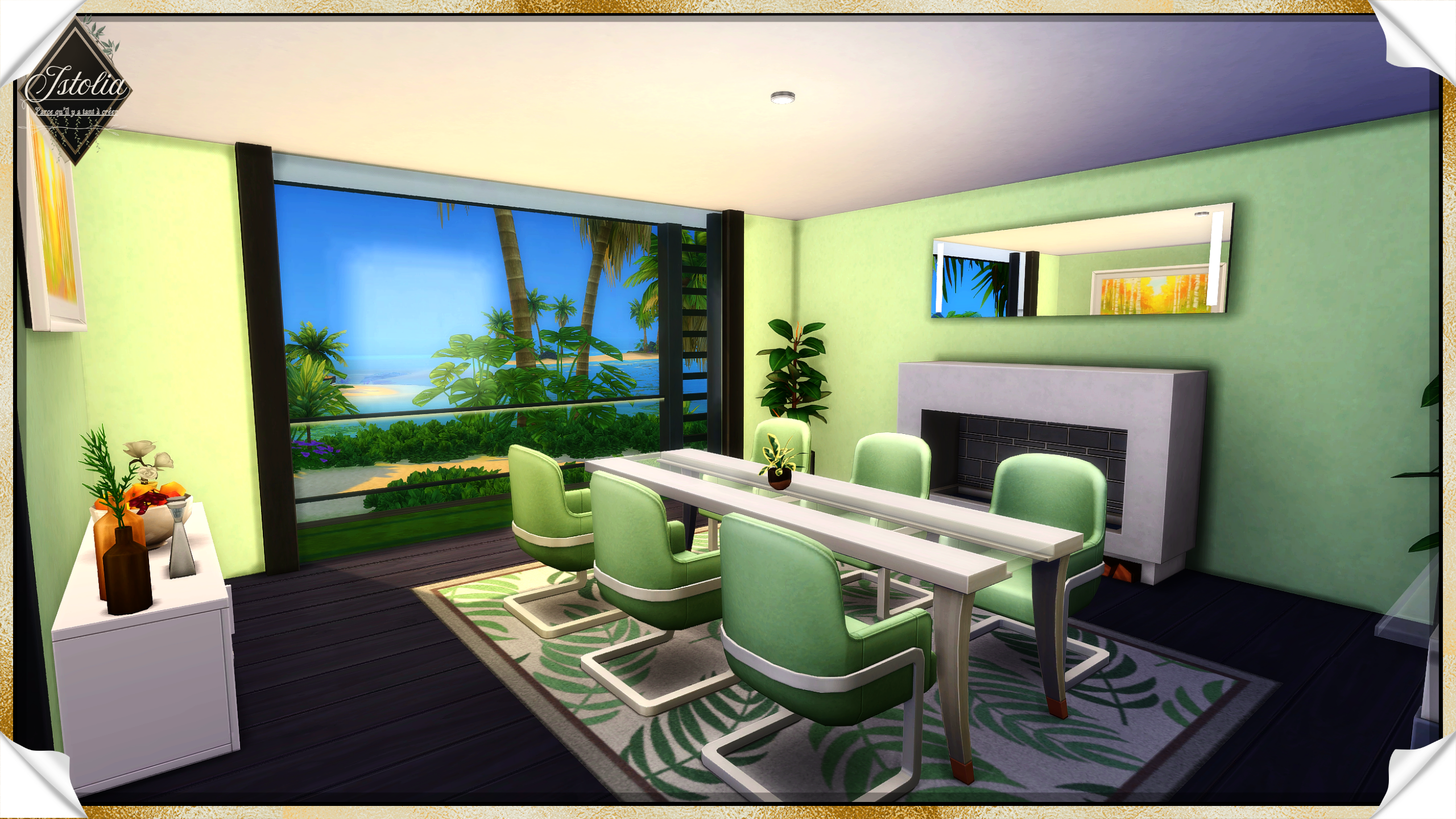 Les Sims 4 | Reflet de Lagune salle à manger verte villa tropicale Sims 4