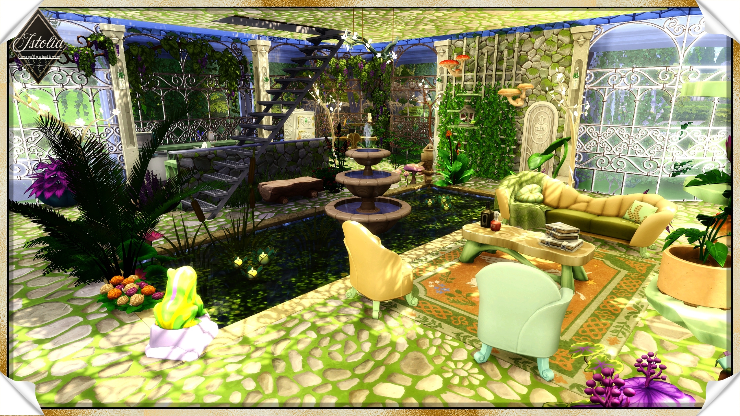 Les Sims 4 | La Roselière salon fontaine intérieure serre Sims 4