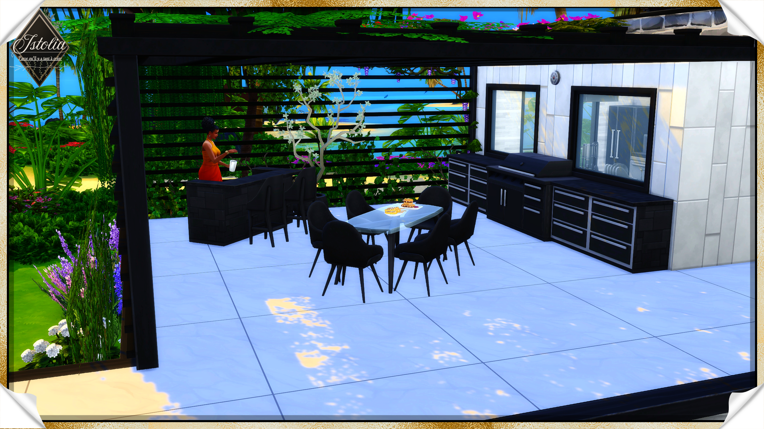 Les Sims 4 | Reflet de Lagune BBQ bar extérieur pergola tropicale Sims 4