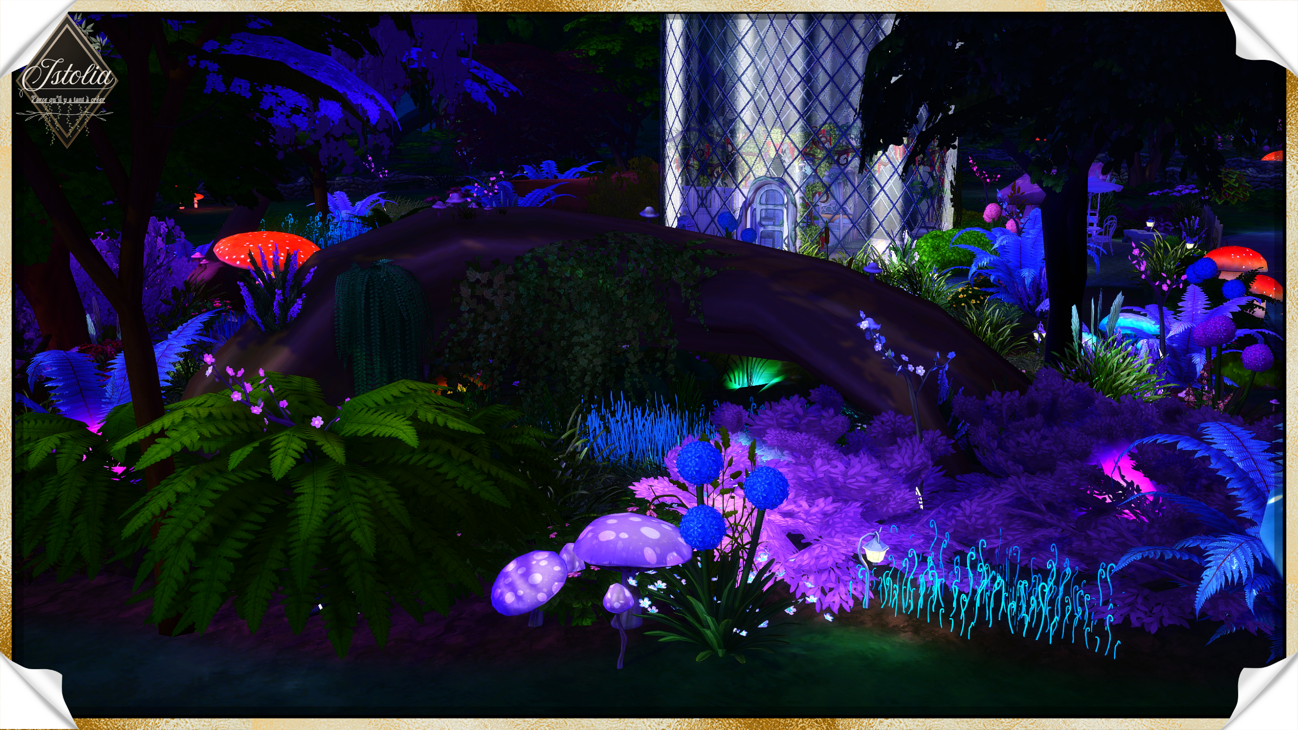 Les Sims 4 | L'Élixir d'Alsimy étang magique nuit couleurs violettes Sims 4