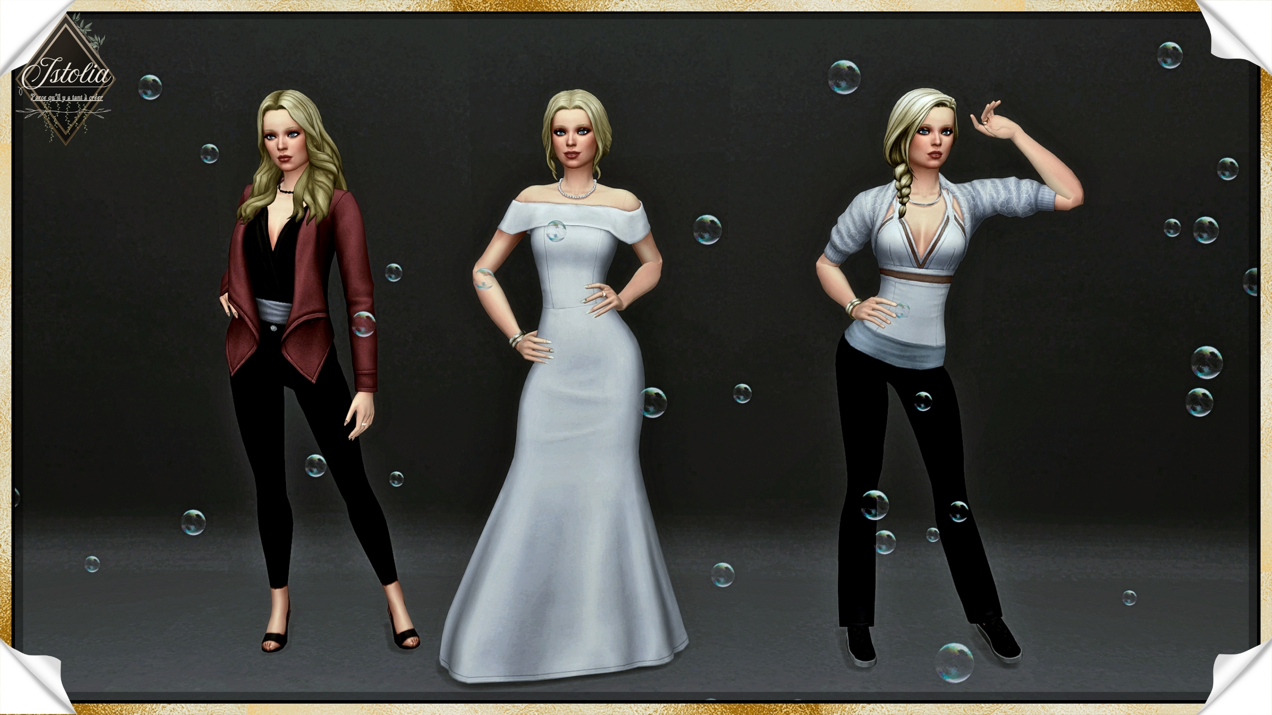 Les Sims 4 | Alice Larroque Sim féminine Les Sims 4 montrant les tenues quotidien, habillé et sport.