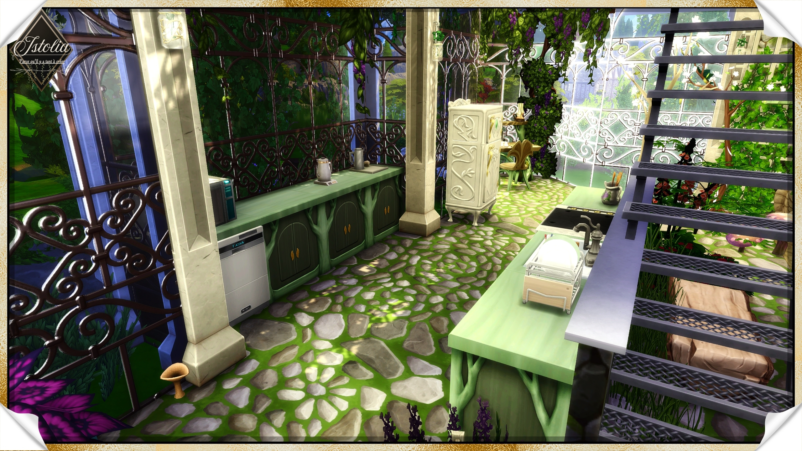 Les Sims 4 | La Roselière cuisine verte bois serre enchantée Sims 4