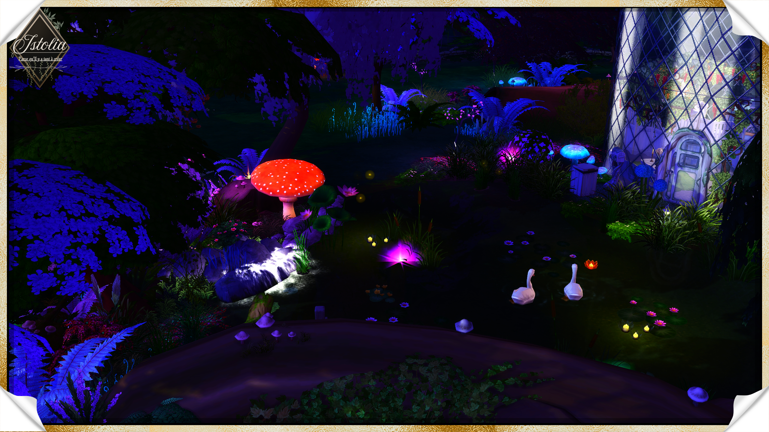 Les Sims 4 | L'Élixir d'Alsimy étang vue du dessus nuit féerique Sims 4