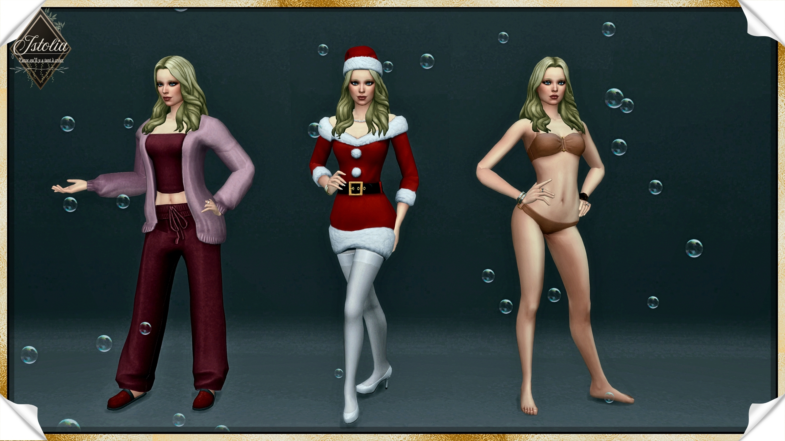 Les Sims 4 | Alice Larroque Sim féminine Les Sims 4 avec tenues nuit, fête et piscine.