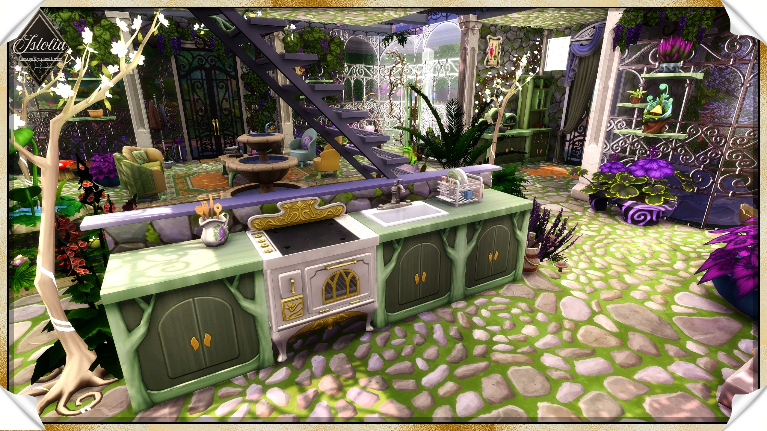 Les Sims 4 | La Roselière cuisine feu de bois serre magique Sims 4