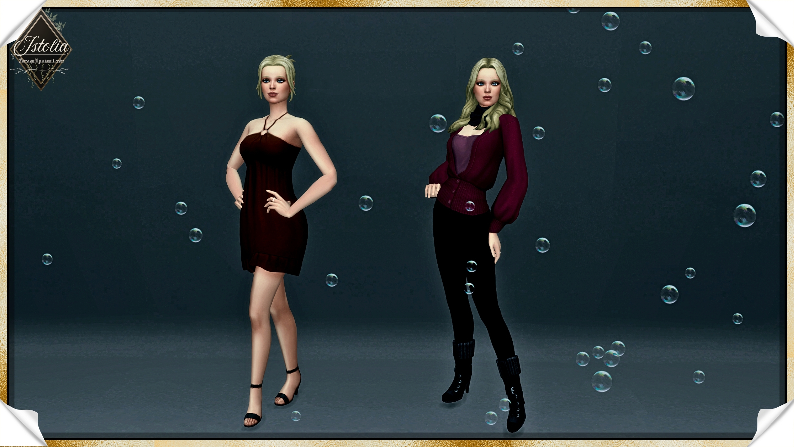 Les Sims 4 | Alice Larroque Sim féminine Les Sims 4 portant des tenues pour temps chaud et temps froid.