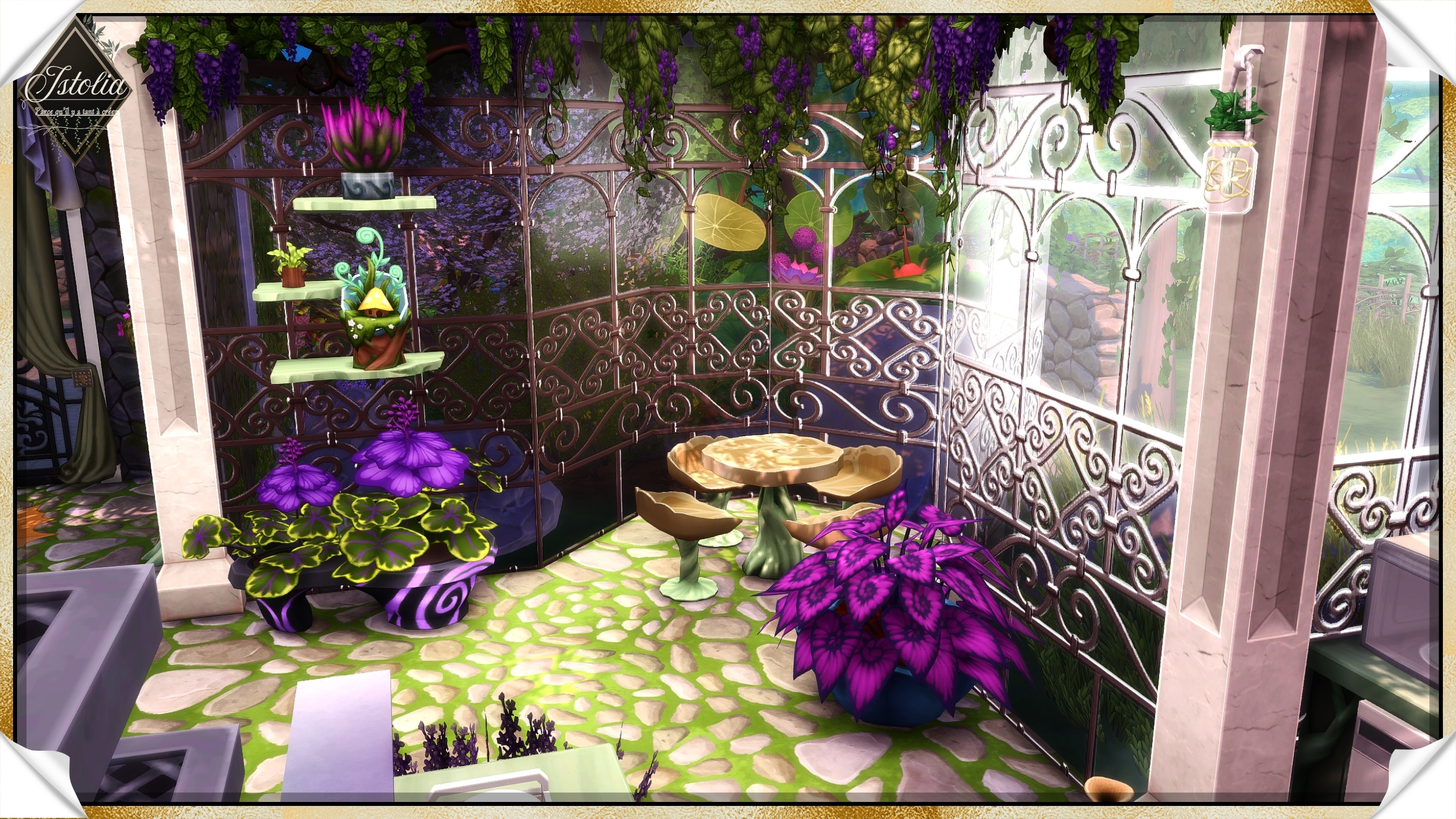 Les Sims 4 | La Roselière coin repas vue extérieure serre Sims 4