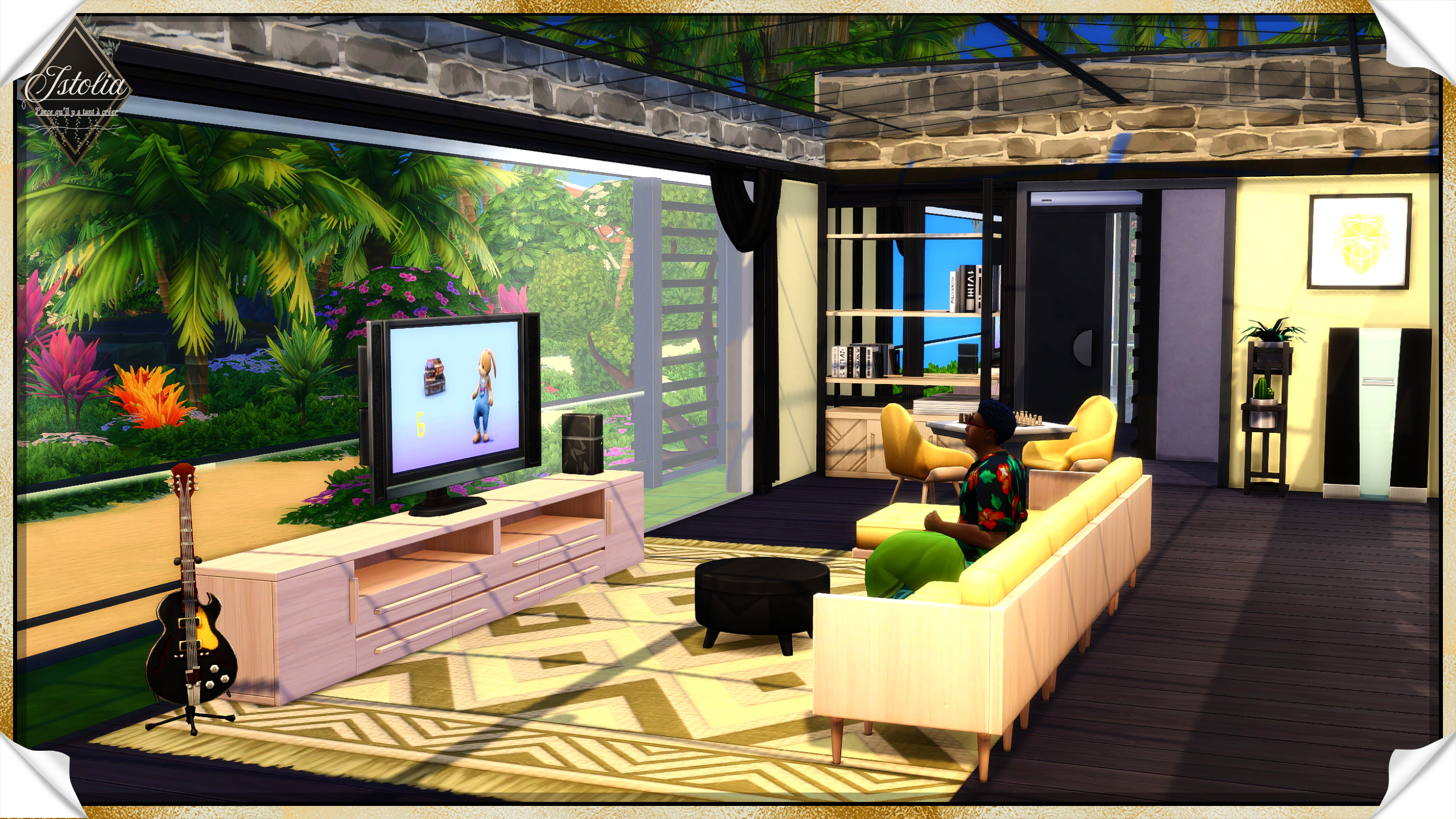 Les Sims 4 | Reflet de Lagune salon lumineux toit vitré villa tropicale Sims 4